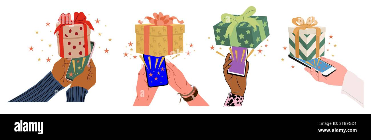 Different hands holding phones with gift boxes. Stock Vector