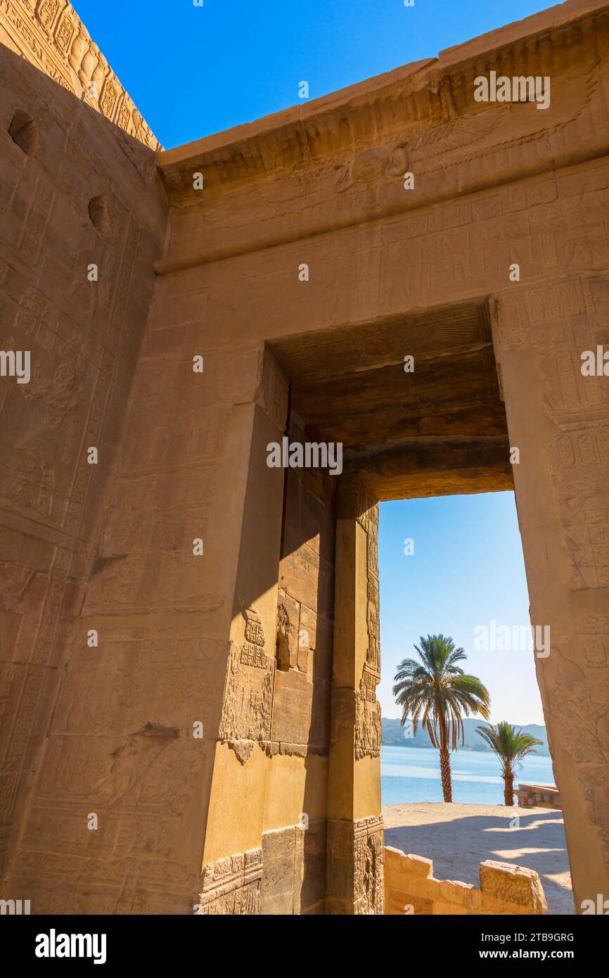 View through the exit doorway at the Temple of Isis at Philae Island; Aswan, Egypt, Africa Stock Photo