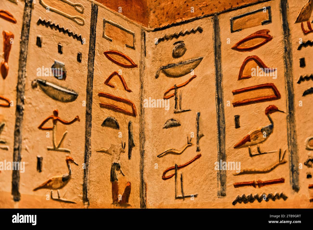 Close-up of bas-relief hieroglyphics painted on the walls of the Royal Tomb of Ramses IV, Valley of the Kings, Thebes, UNESCO World Heritage Site Stock Photo
