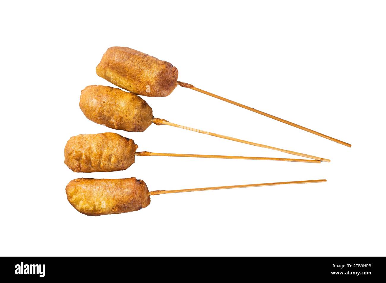 Homemade deep fried corn dogs. Isolated, white background Stock Photo