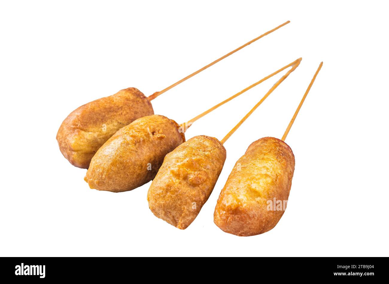 Homemade deep fried corn dogs. Isolated, white background Stock Photo
