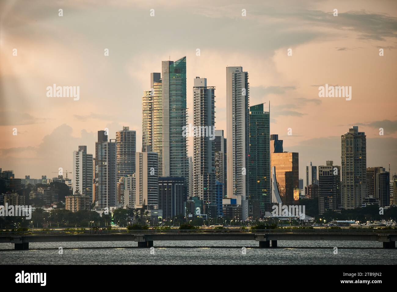 View of the road over water (cinta costera) skyline of Panama City, Republic of Panama, Central America. Stock Photo