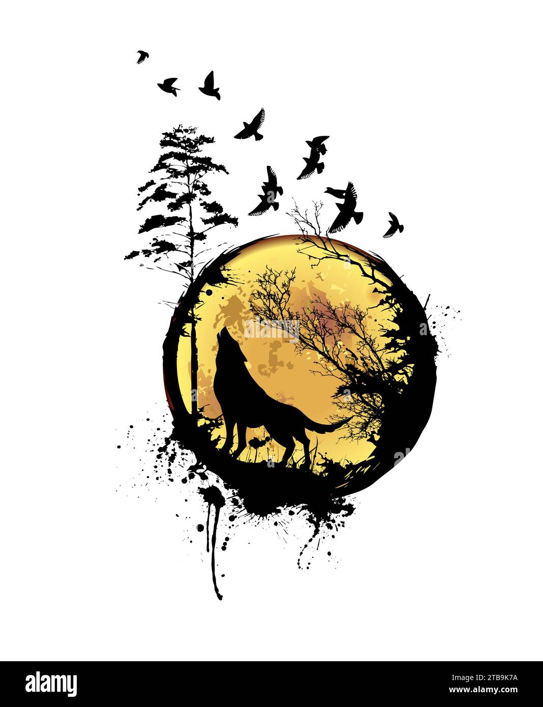 Abstract wolf in the forest howls at the moon. hand drawing. Not AI ...