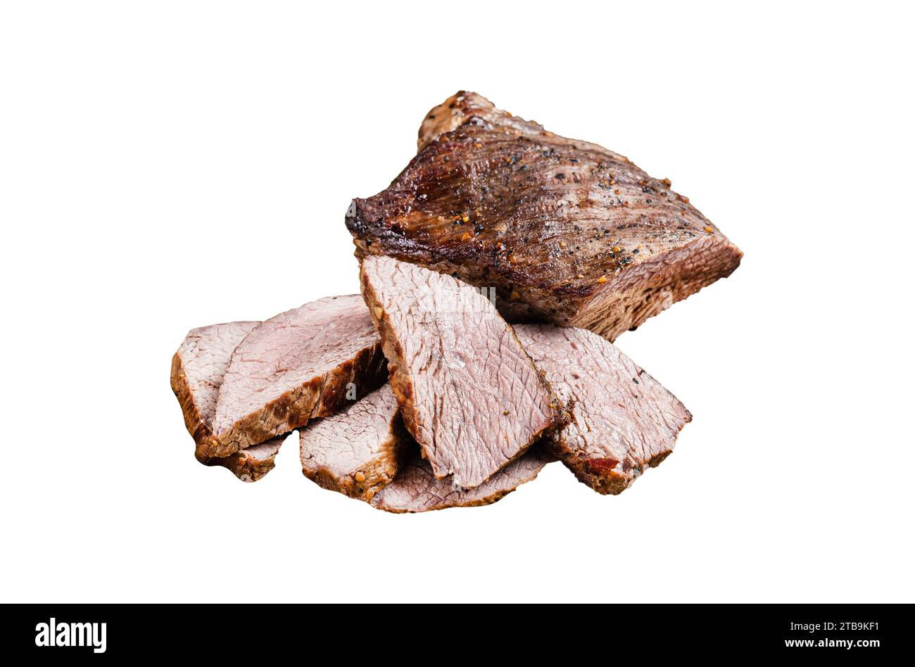 Roast Tri Tip or sirloin bottom beef steak on a plate with arugula