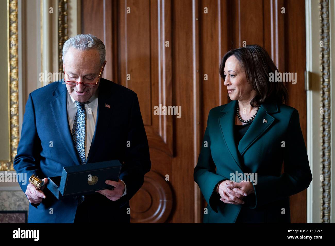 Washington, United States. 05th Dec, 2023. Senate Majority Leader Chuck Schumer, D-NY, presents Vice President Kamala Harris with a golden gavel after casting her 32nd tie-breaking vote, the most ever cast by a Vice President, in the Senate at the U.S. Capitol in Washington, DC on Tuesday, December 5, 2023. Photo by Bonnie Cash/UPI Credit: UPI/Alamy Live News Stock Photo