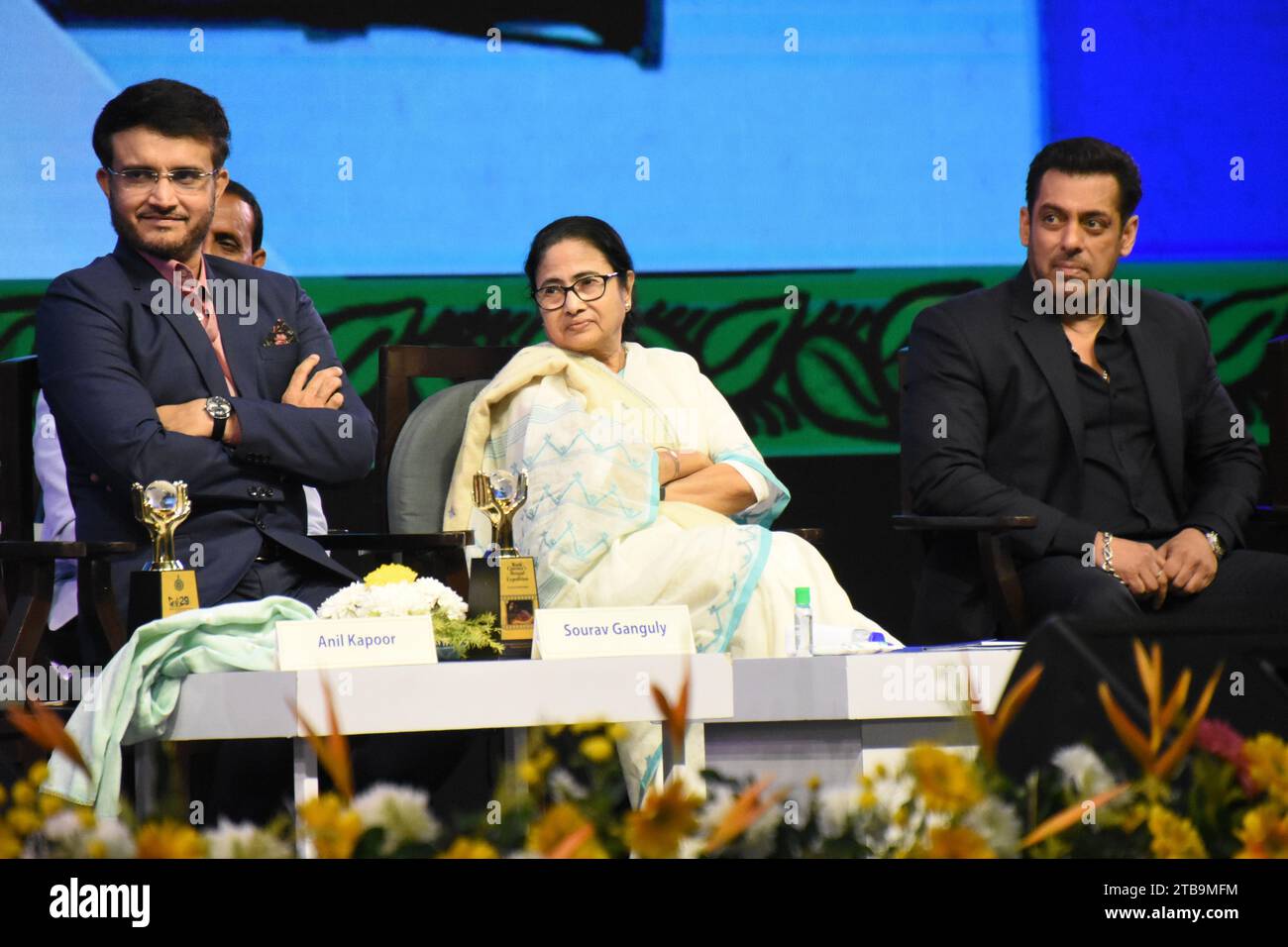 Kolkata, West Bengal, India. 5th Dec, 2023. Cricketer turned industrialist Sourav Ganguly (L), Mamata Banerjee (M), Chief Minister of West Bengal, and Bollywood star actor Salman Khan (R) at the inaugural function of the 29th edition of the Kolkata International Film Festival (KIFF 29), organized by the Information and Cultural Affairs Department, Government of West Bengal, which is scheduled to be held between 5 - 12 December, 2023 in Kolkata, the cultural capital of the State of West Bengal. this festival is accredited by the International Federation of Film Producers' Association or FIAP Stock Photo