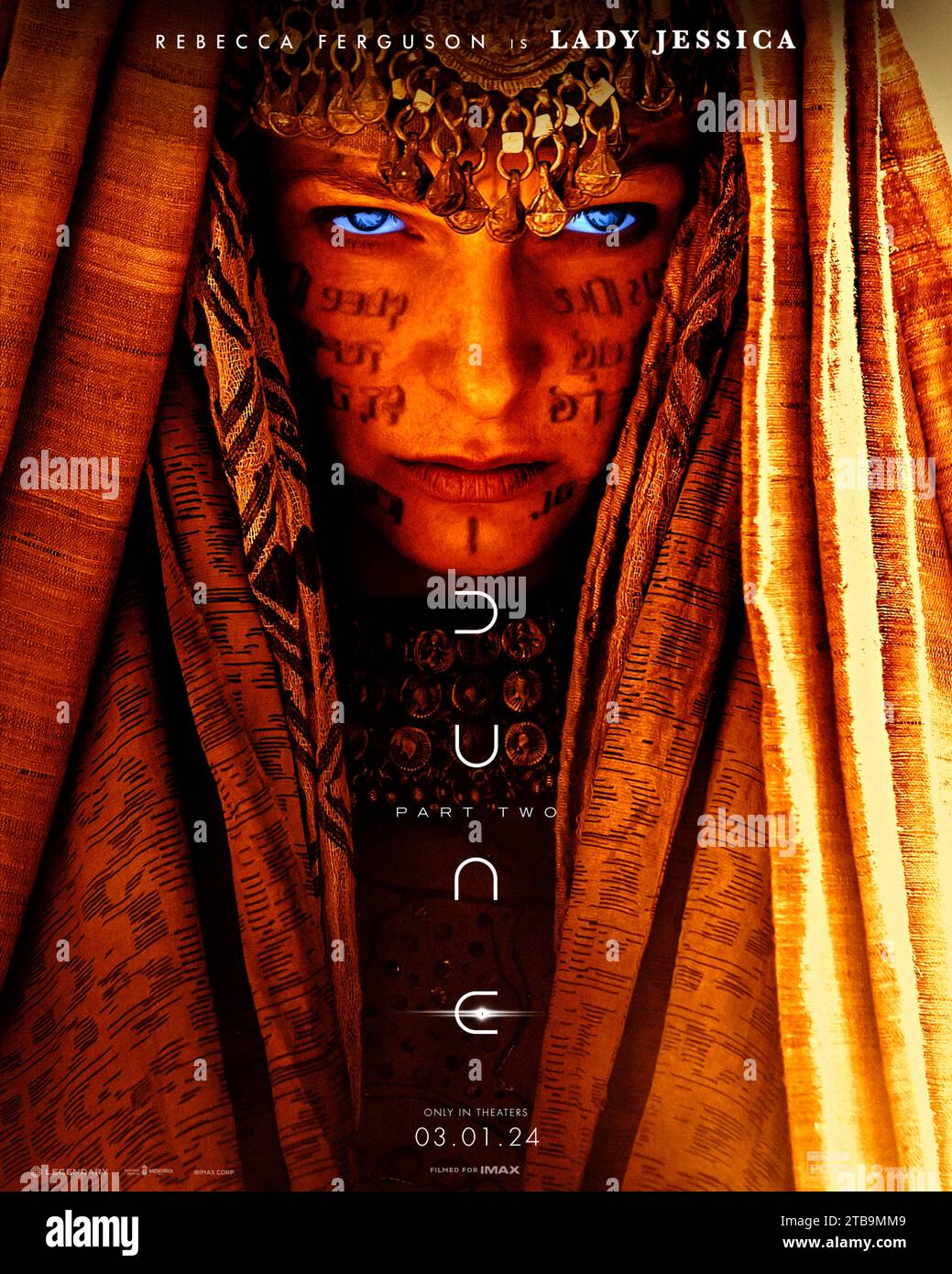 Dune: Part Two (2024) directed by Denis Villeneuve and starring Rebecca Ferguson as Lady Jessica in this big screen adaptation of Frank Herbert's sci-fi masterpiece. Paul Atreides unites with Chani and the Fremen while seeking revenge against the conspirators who destroyed his family. US character poster ***EDITORIAL USE ONLY***. Credit: BFA / Warner Bros Stock Photo