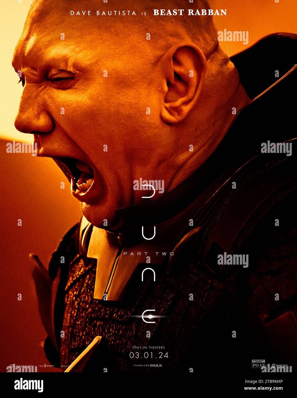 Dune: Part Two (2024) directed by Denis Villeneuve and starring Dave Bautista as Beast Rabban in this big screen adaptation of Frank Herbert's sci-fi masterpiece. Paul Atreides unites with Chani and the Fremen while seeking revenge against the conspirators who destroyed his family. US character poster ***EDITORIAL USE ONLY***. Credit: BFA / Warner Bros Stock Photo