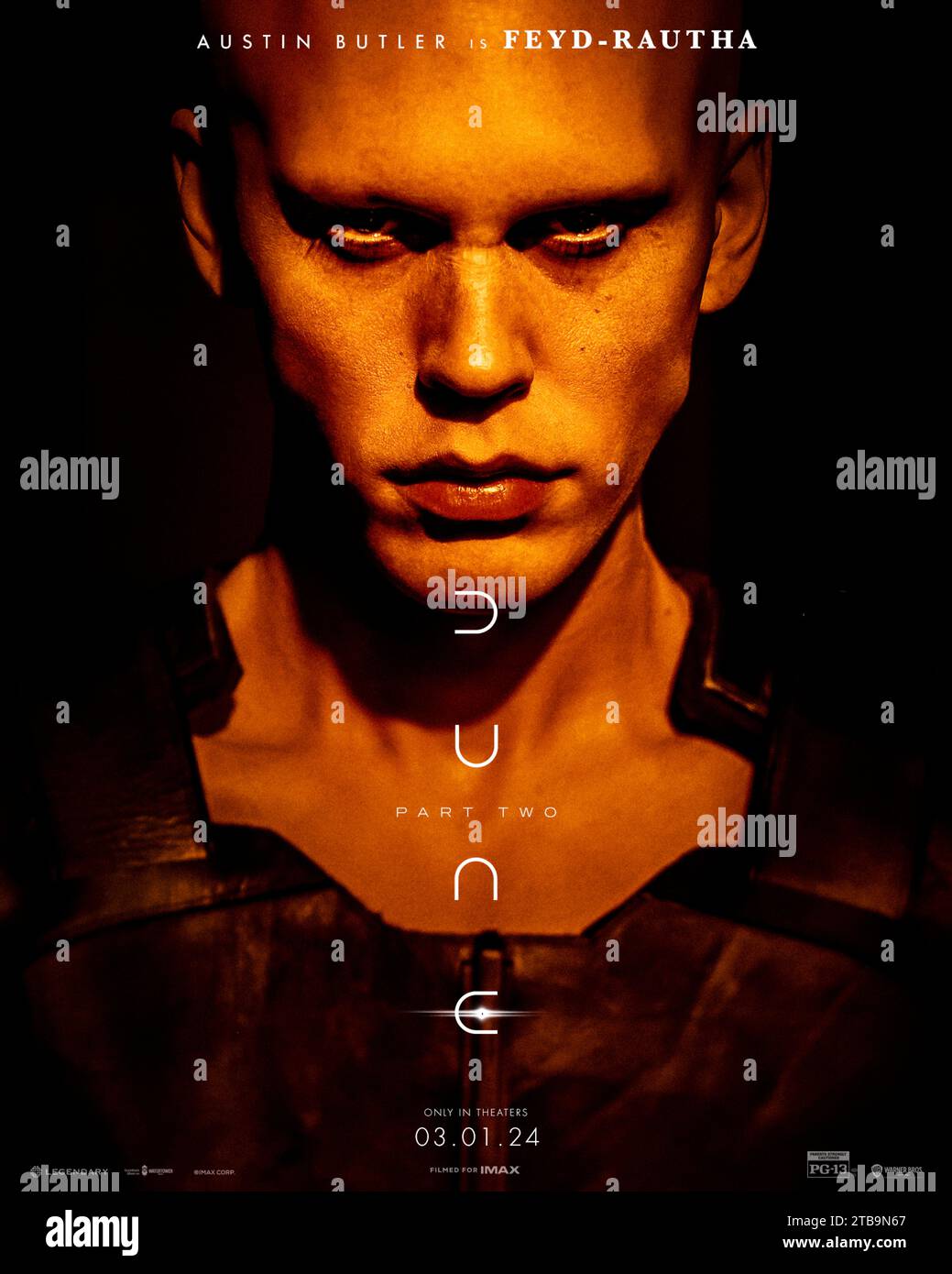 Dune: Part Two (2024) directed by Denis Villeneuve and starring Austin Butler as Feyd-Rautha in this big screen adaptation of Frank Herbert's sci-fi masterpiece. Paul Atreides unites with Chani and the Fremen while seeking revenge against the conspirators who destroyed his family. US character poster ***EDITORIAL USE ONLY***. Credit: BFA / Warner Bros Stock Photo