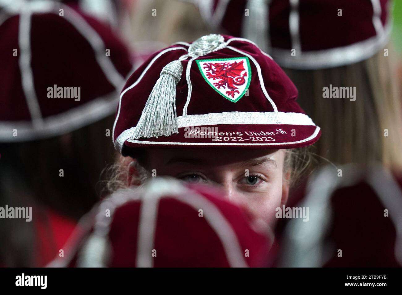 The Wales Under-16 and Under-19 teams being awarded caps at half time during the UEFA Women's Nations League Group A3 match at Swansea.com Stadium, Wales. Picture date: Tuesday December 5, 2023. Stock Photo