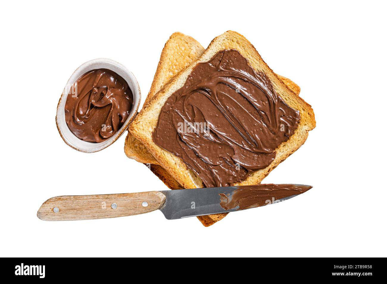 Stack of Toasts with chocolate Hazelnut cream in plate. Isolated, white ...