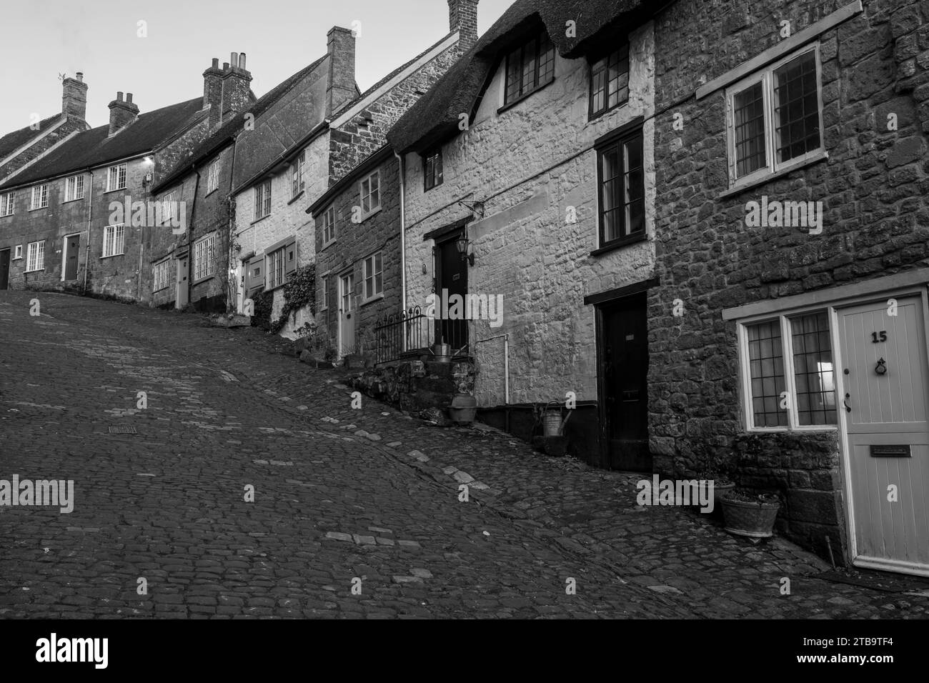 View from the bottom of Gold Hill in Shaftesbury which is famous for the Boy On The Bike tv commercial Stock Photo