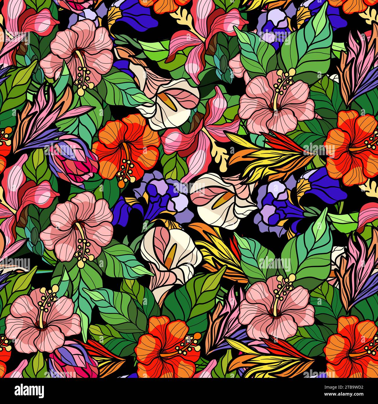 Seamless pattern with flowers in stained glass technique. Vector ...
