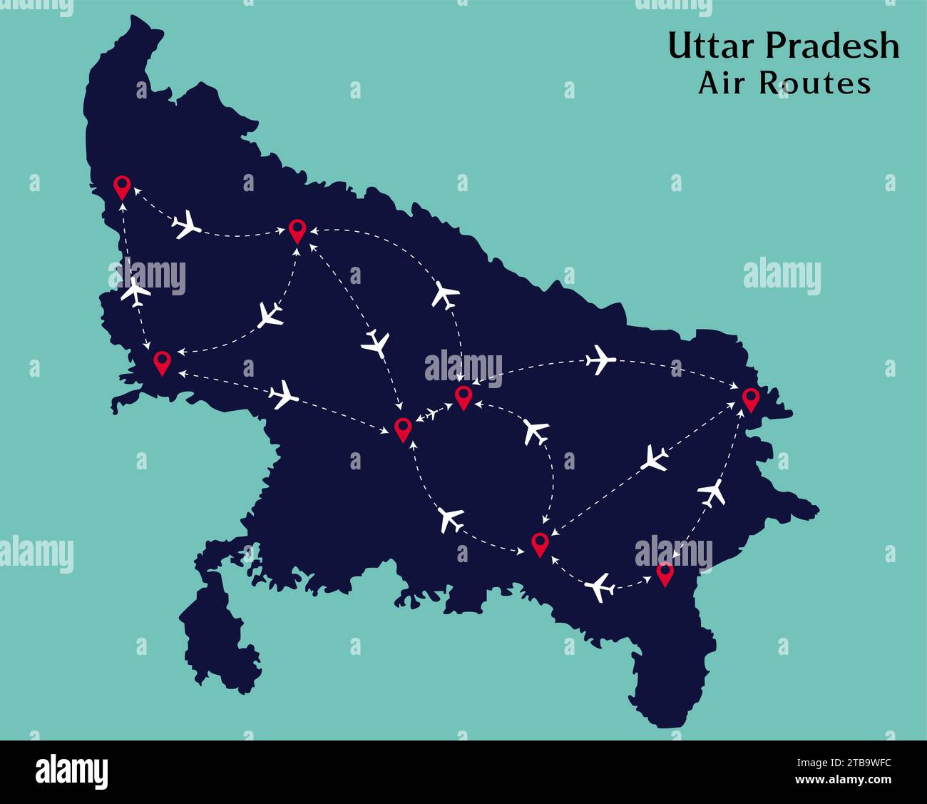 Uttar Pradesh Air Route links in the Uttar Pradesh Map vector illustration Stock Vector