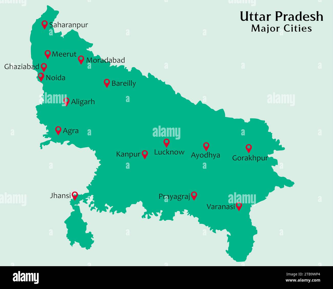 Major Cities in Indian State Uttar Pradesh Pinned in the Uttar Pradesh Map Vector illustration Stock Vector