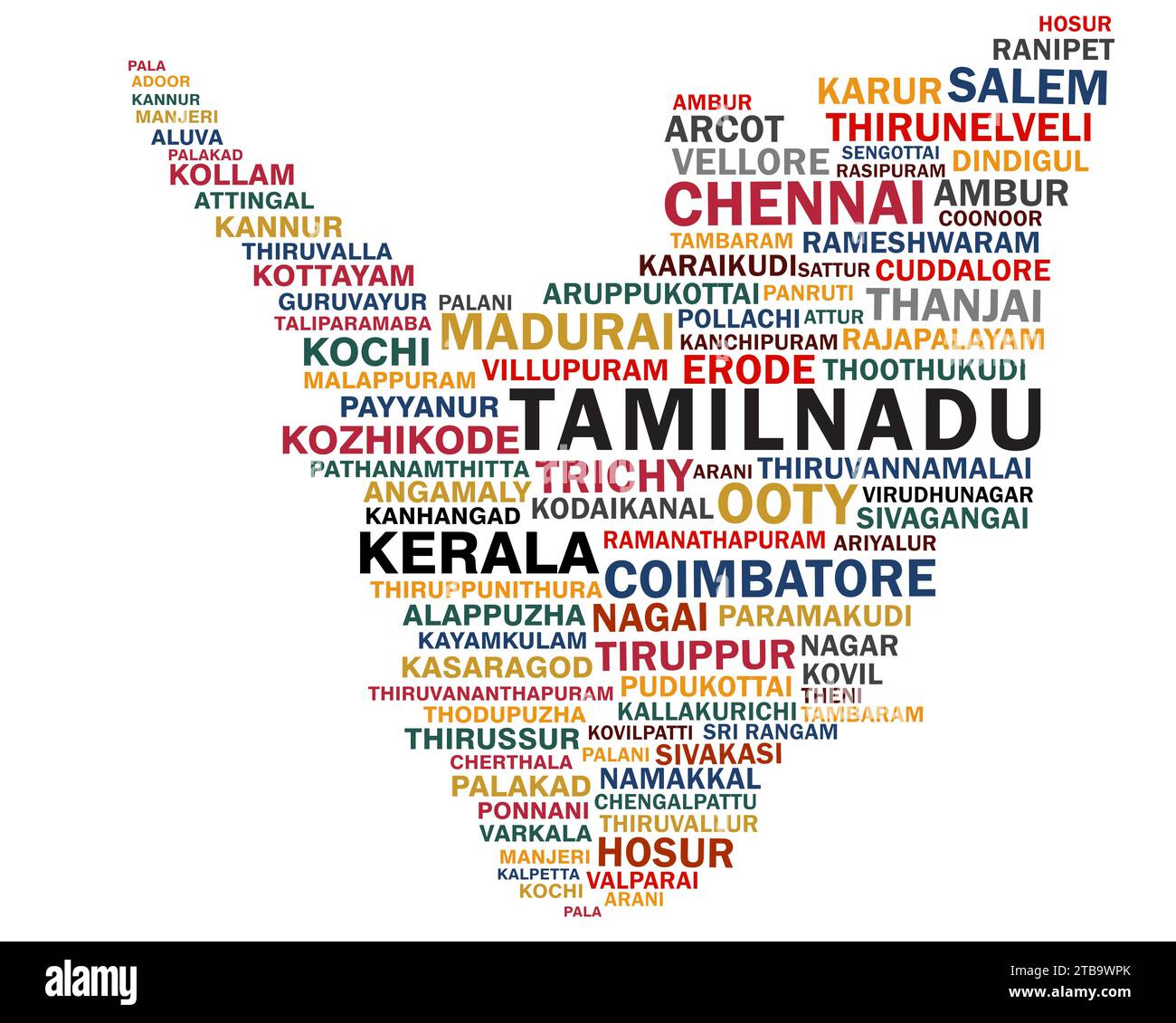 tamilnadu and kerala map formed with tamilnadu and kerala cities world cloud 2TB9WPK