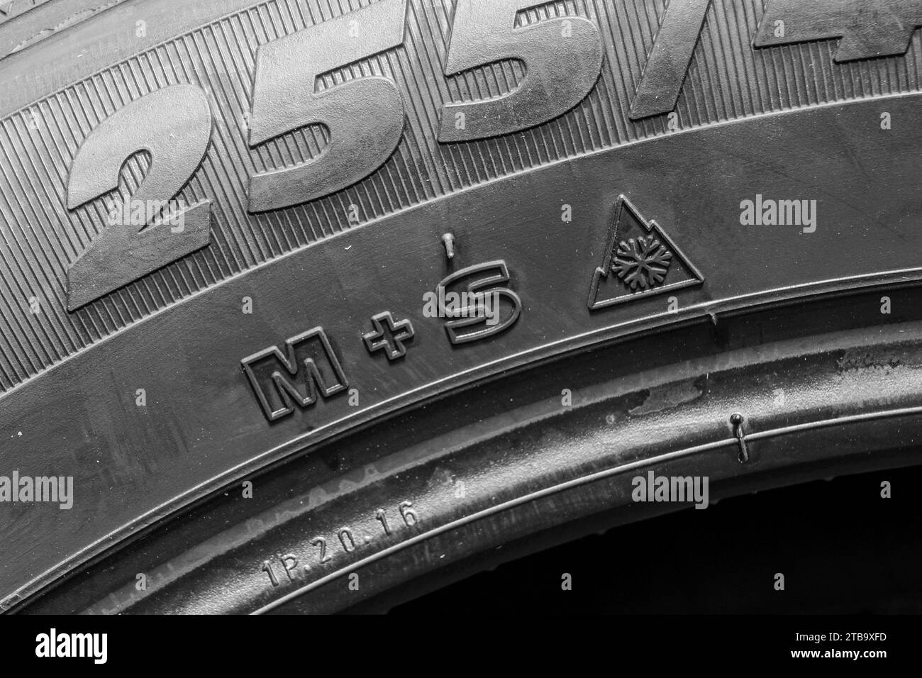Tire side view with M plus S and 3PMSF marking or Mud and Snow and 3 Peak Mountain Snow Flake