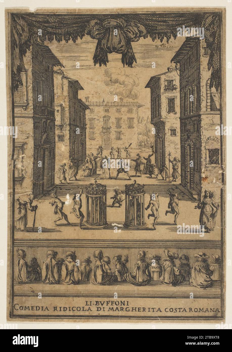 Frontispiece for the comedy 'The Buffoons' (Li Buffoni), a set on stage resembling a public space, various figures dancing around two people in cages in center stage, fifteen spectators below 1959 by Stefano della Bella Stock Photo