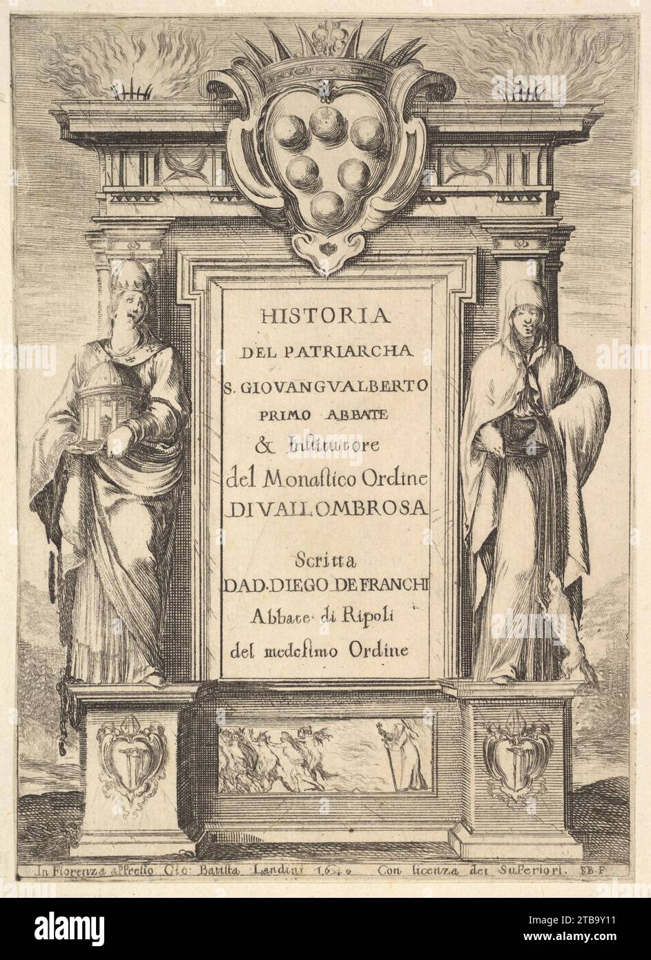 Frontispiece: a monument decorated with the Medici coat of arms at top in center, flames at top to either side, a hooded figure on right side of monument with a weasel below, a figure to left side wearing a papal crown, a scene of a monk chasing away demons with a cross on base of monument, from 'Frontispiece and four scenes from the life of Saint John Gualbert' (Frontispice et quatre vignettes pour une vie de Saint Jean Gualbert) 2012 by Stefano della Bella Stock Photo