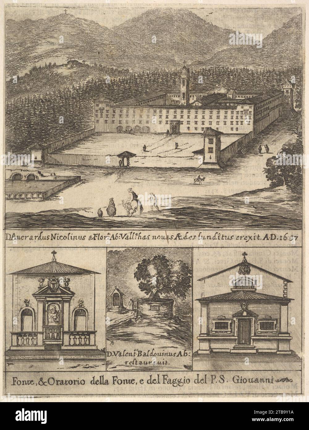 Four views: at top, a view of the new monastery of Vallombrosa, at bottom left and right, a view of a chapel, at bottom center, the tree of St. John Gualbert, from 'Frontispiece and four scenes from the life of Saint John Gualbert' (Frontispice et quatre vignettes pour une vie de Saint Jean Gualbert) 2012 by Stefano della Bella Stock Photo