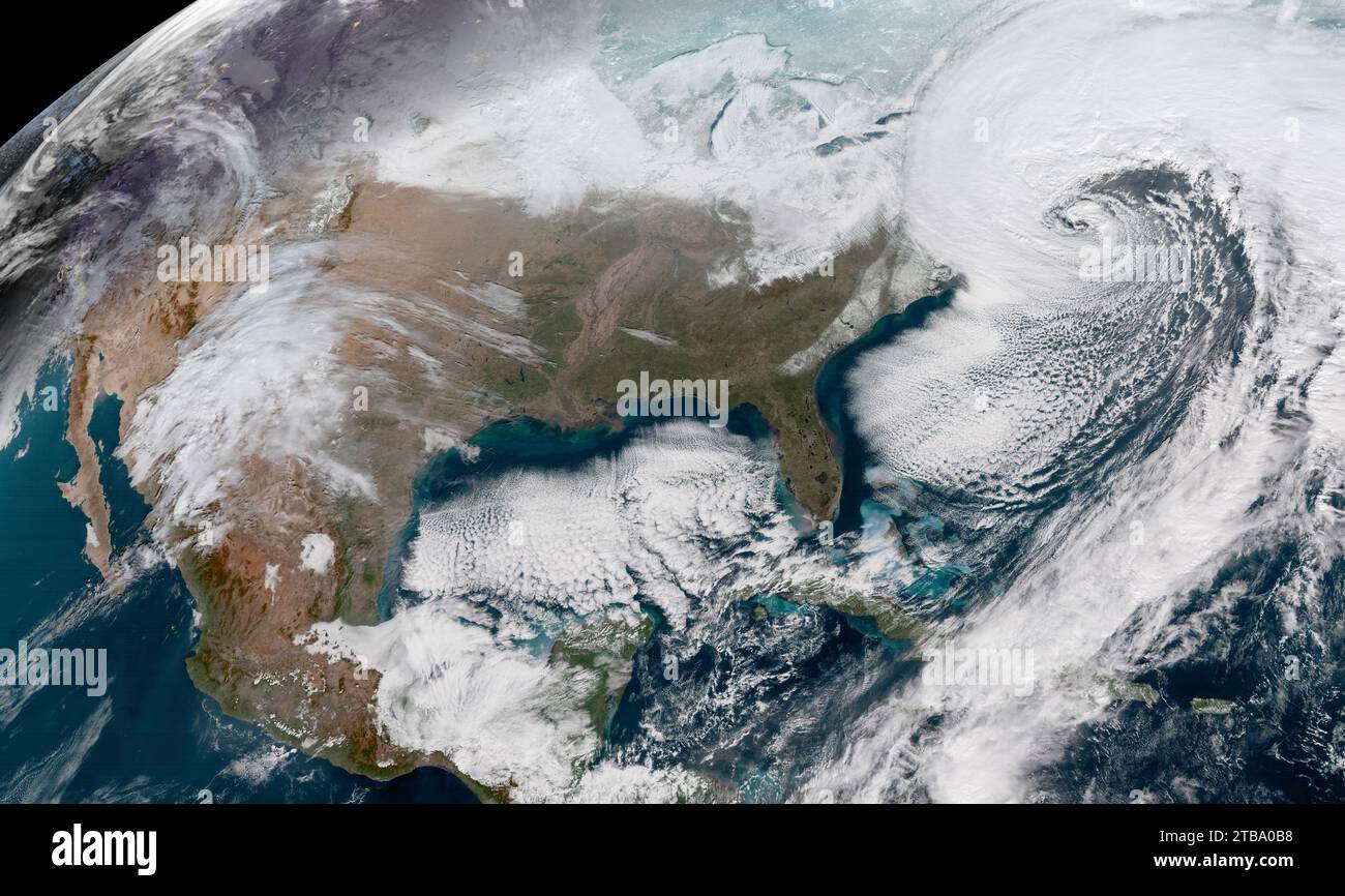 January 4, 2018 - Satellite view of a powerful nor'easter storm off the East coast of the United States. Stock Photo