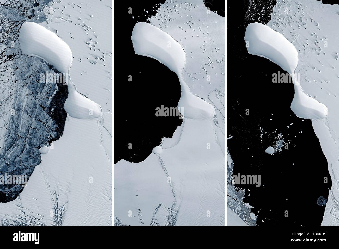 An unnamed island is exposed off the eastern coast of Antarctica as ice shelves melt around it. Stock Photo