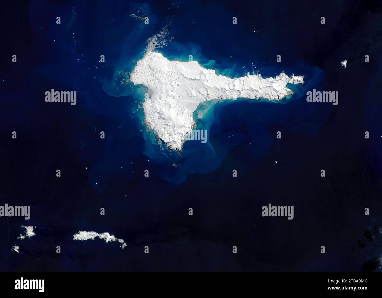 A rare, cloud-free view of Elephant Island, off the northeast tip of the Antarctic Peninsula. Stock Photo