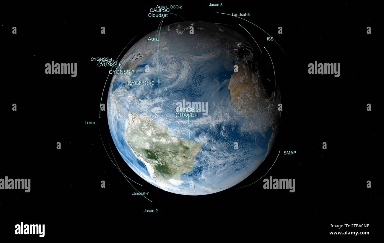 Visualization showing earth observation satellites in orbit around Earth. Stock Photo