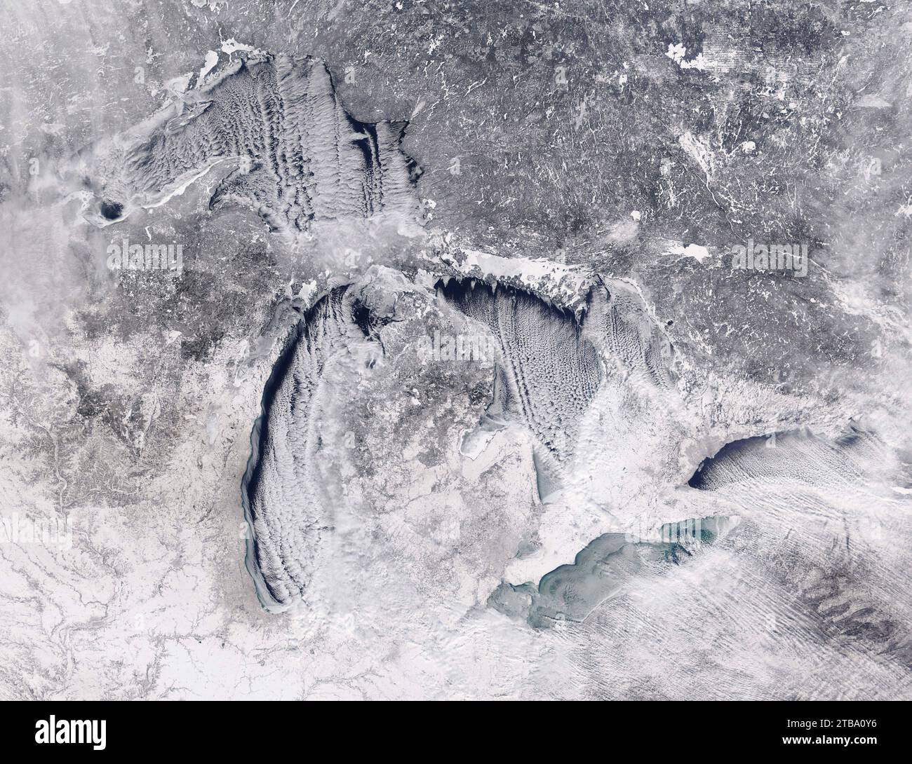 Natural-color satellite view of North America's Great Lakes in the winter. Stock Photo