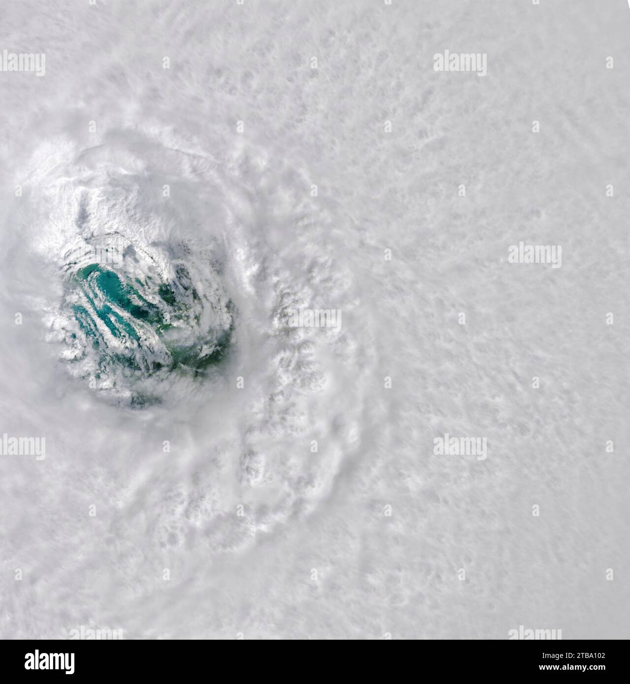 September 28, 2022- Natural-color satellite view directly above the eye of Hurricane Ian. Stock Photo