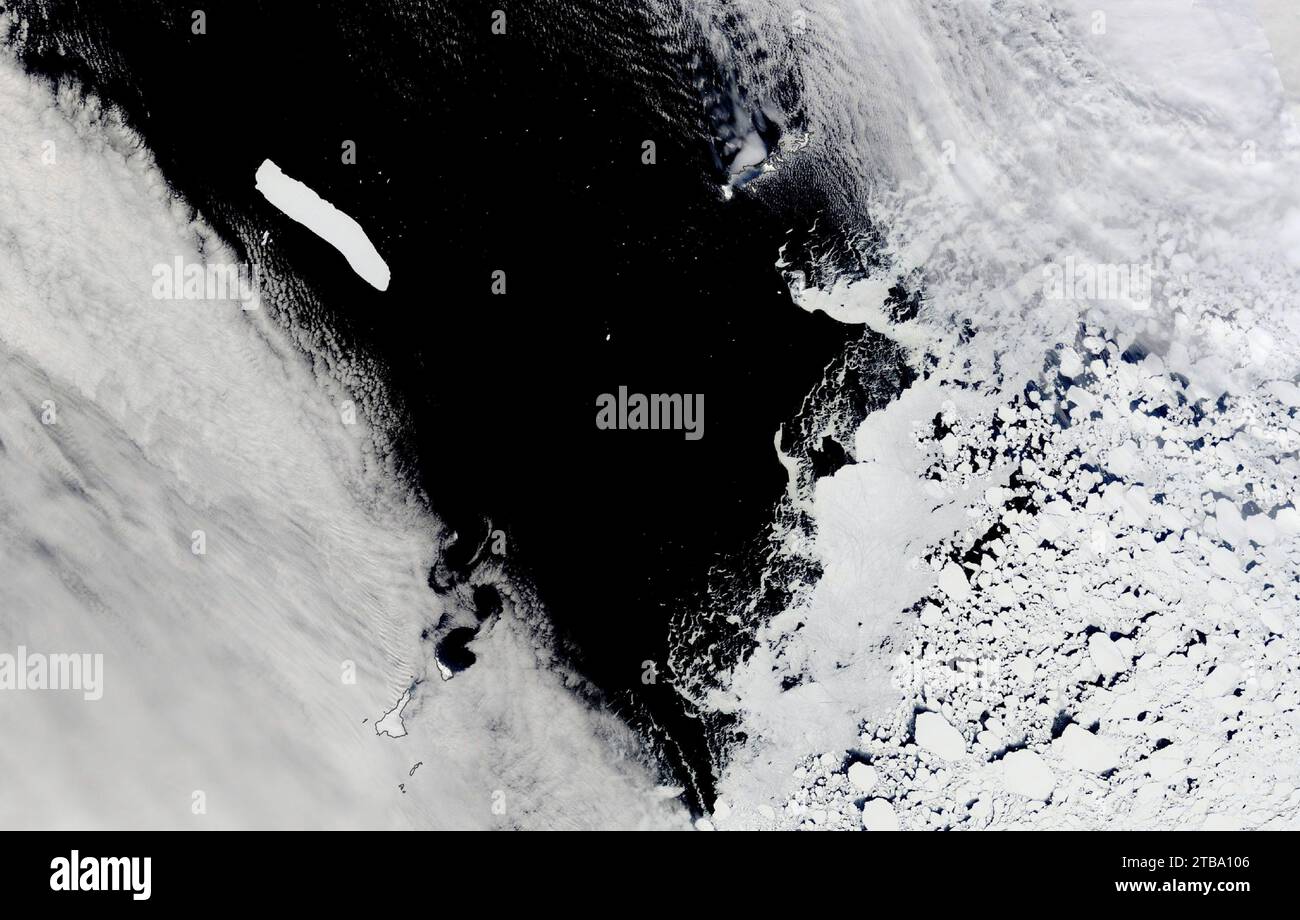 October 31, 2022 - Satellite view of Antarctic iceberg A-76A floating in the Drake Passage. Stock Photo