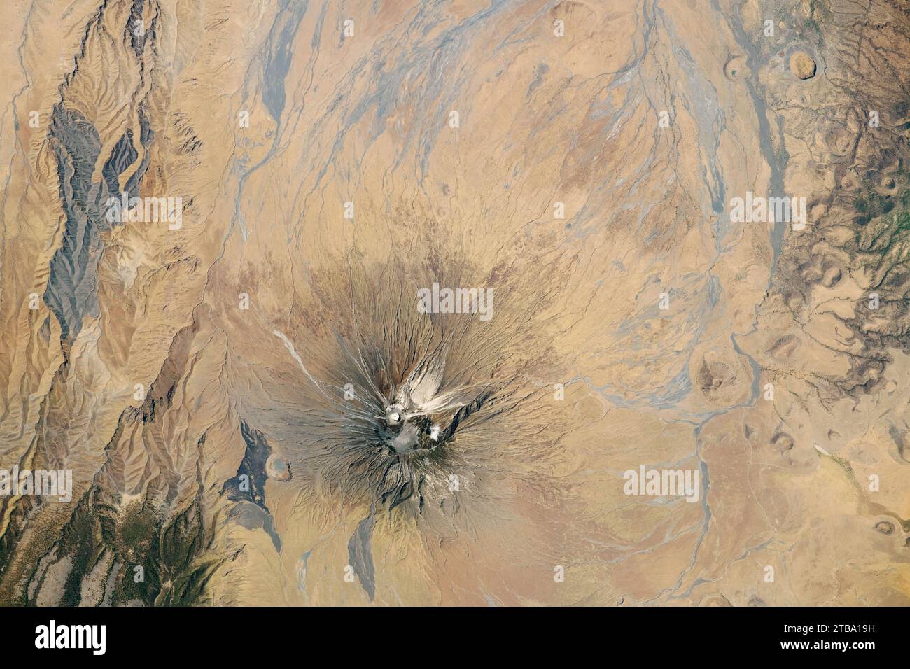 View from space of Ol Doinyo Lengai, a stratovolcano in Tanzania. Stock Photo