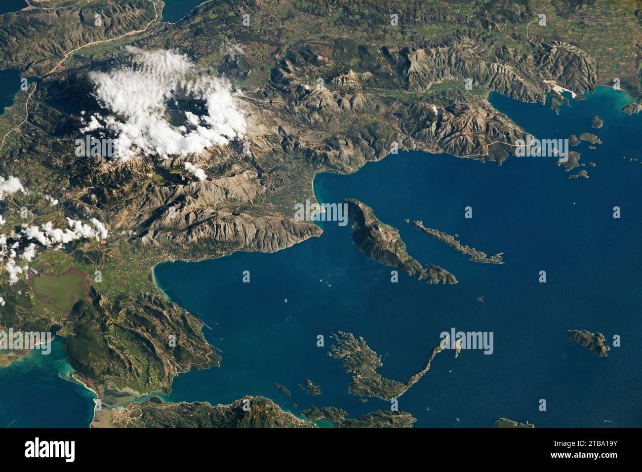 View from space of the Acarnanian Mountains and the neighboring Ionian Islands of Greece. Stock Photo