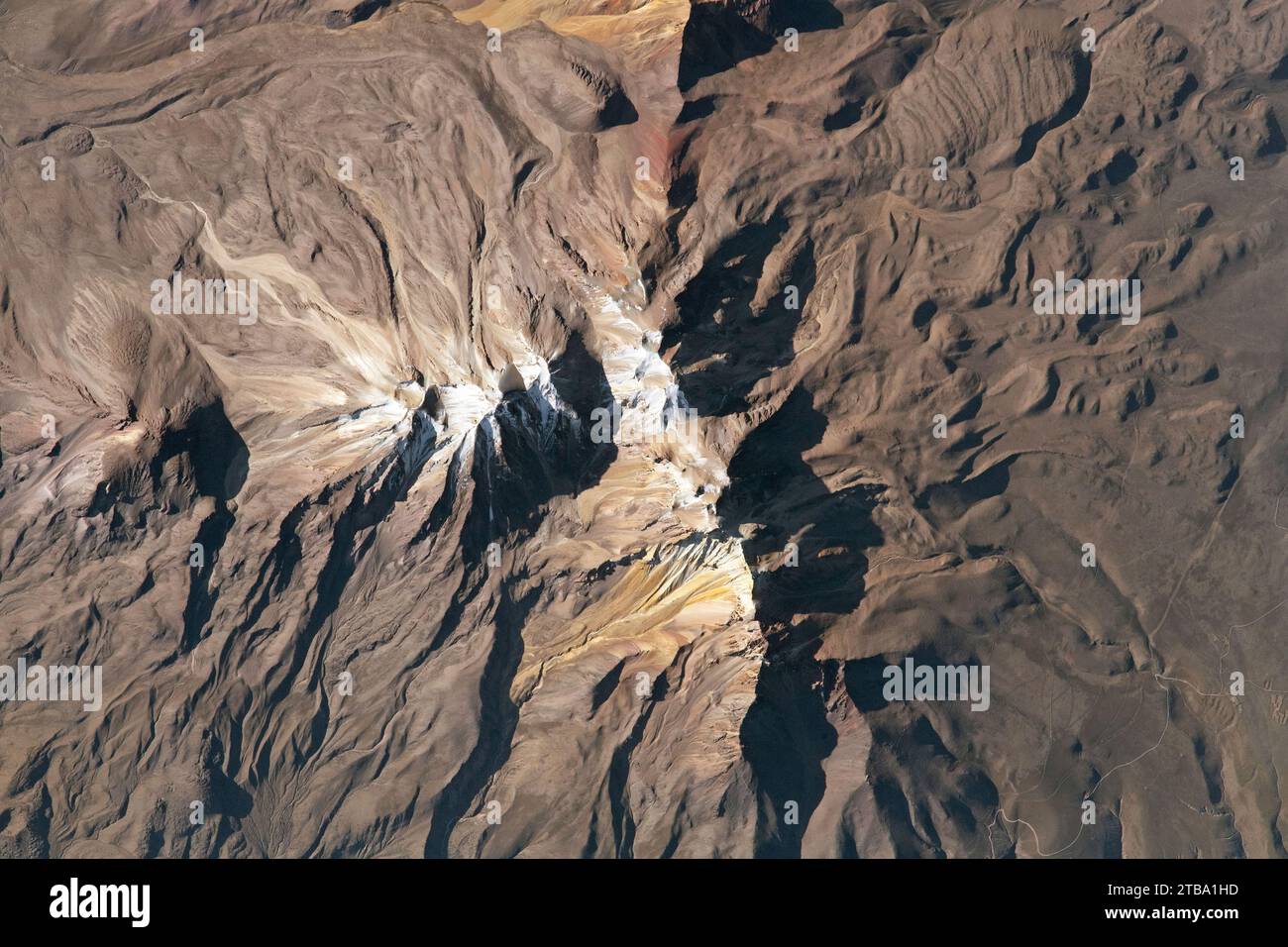 View from space showing part of the Chachani volcanic group in the Andes Mountains. Stock Photo