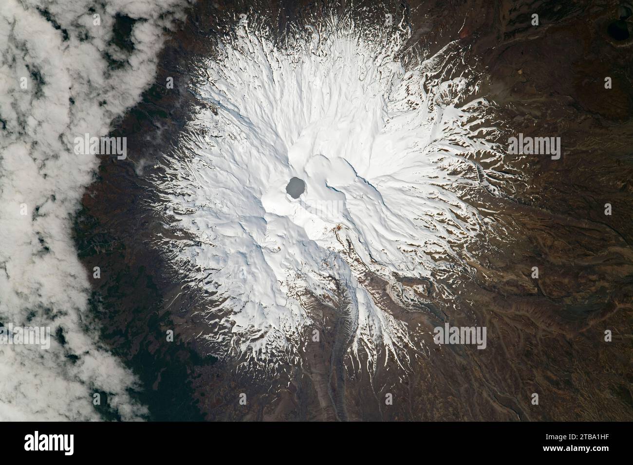 Nadir view from space of Mount Ruapehu on the North Island of New Zealand. Stock Photo