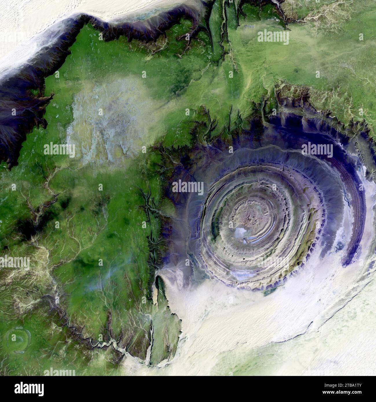 Falso-color satellite view of the Richat Structure in Mauritania. Stock Photo