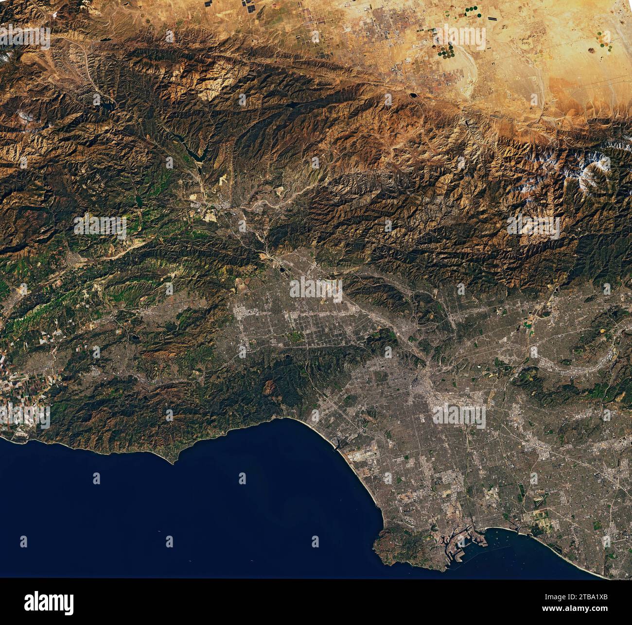 Natural-color satellite view of the Los Angeles area in California. Stock Photo