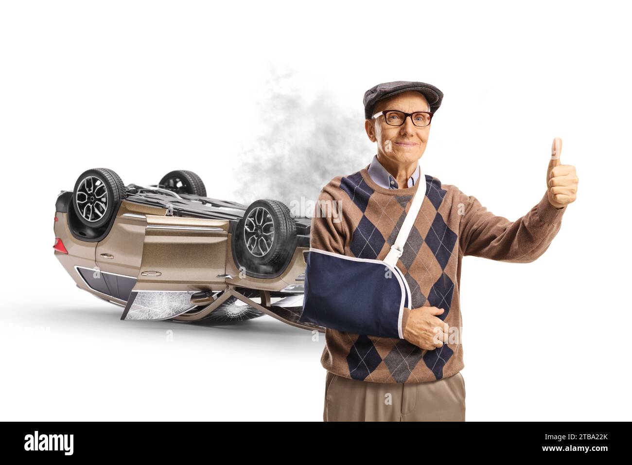 Elderly man with a broken arm wearing a splint and gesturing thumbs up