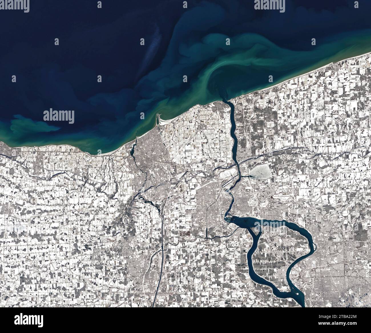 Satellite image showing the snow-covered landscape around the Niagara River. Stock Photo