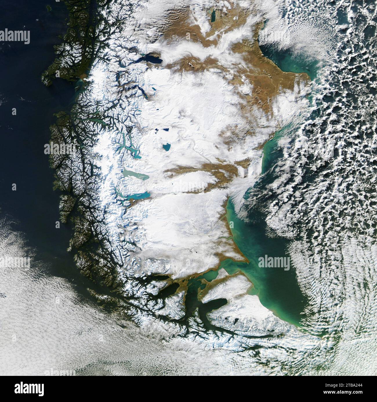 Satellite image of clear skies over nearly all of Patagonia in southern South America. Stock Photo
