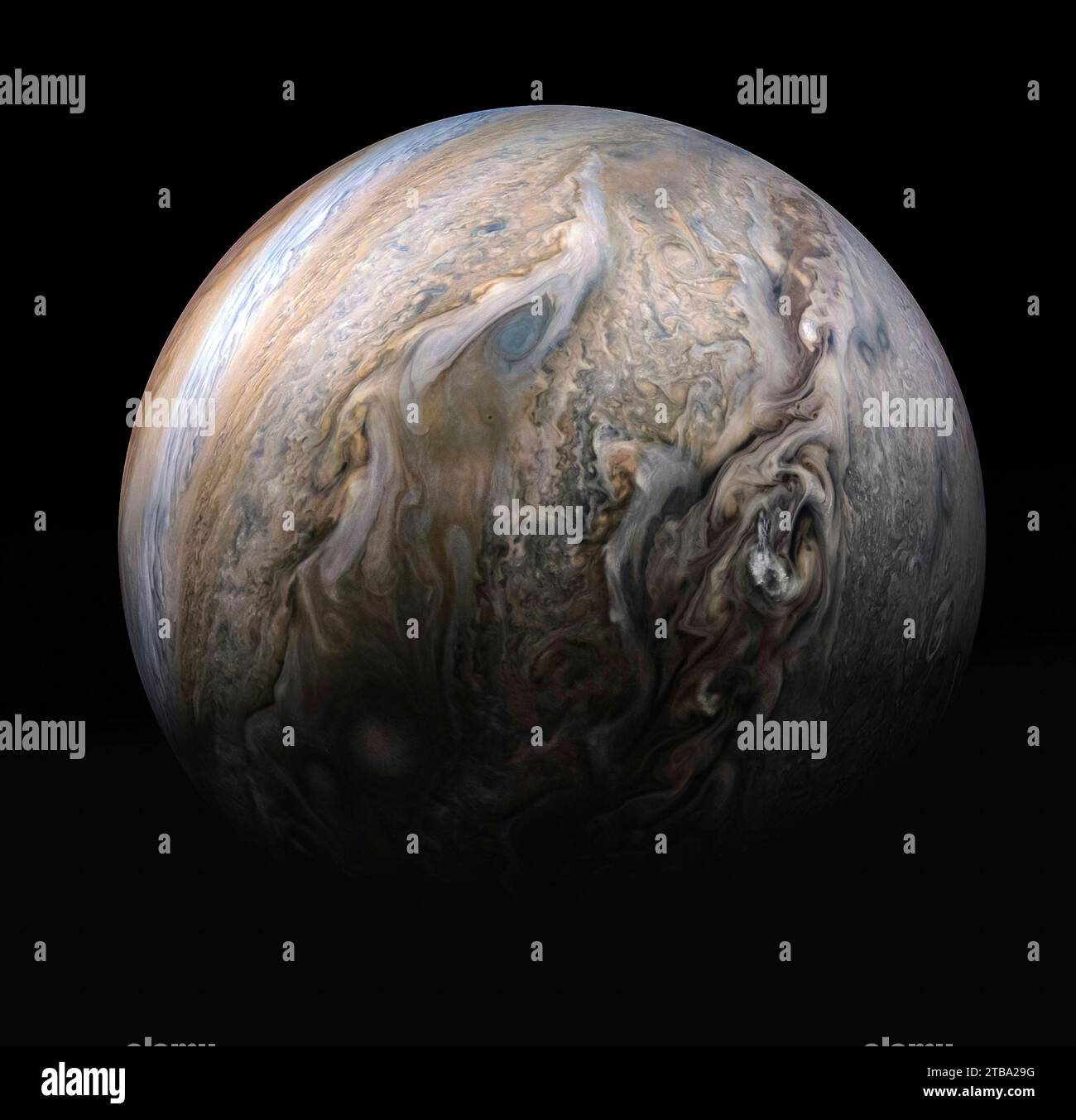 View of Jupiter's stormy northern hemisphere. Stock Photo