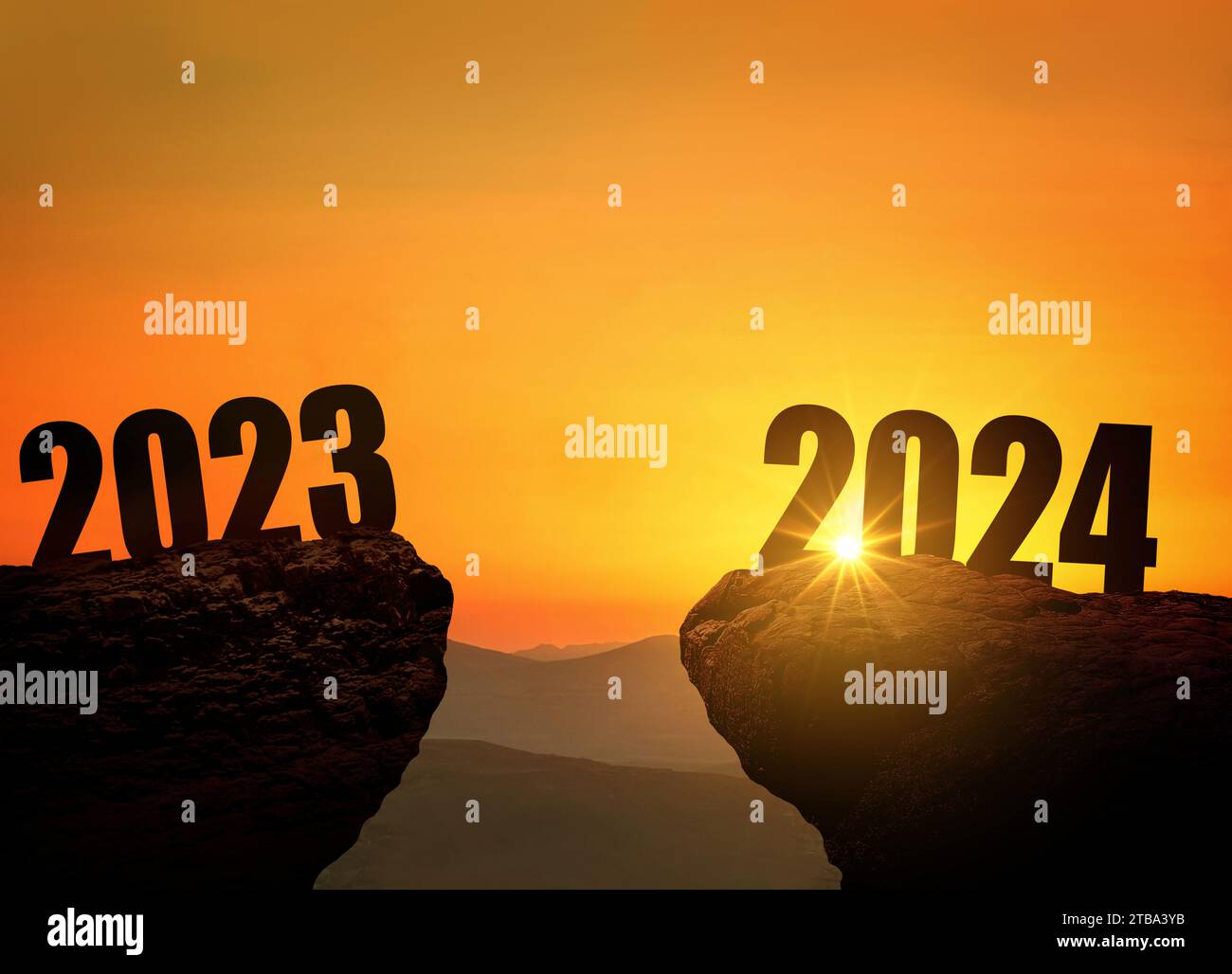 New Year's Eve 2025 on the mountain at sunset, concept. 2025 and 2023