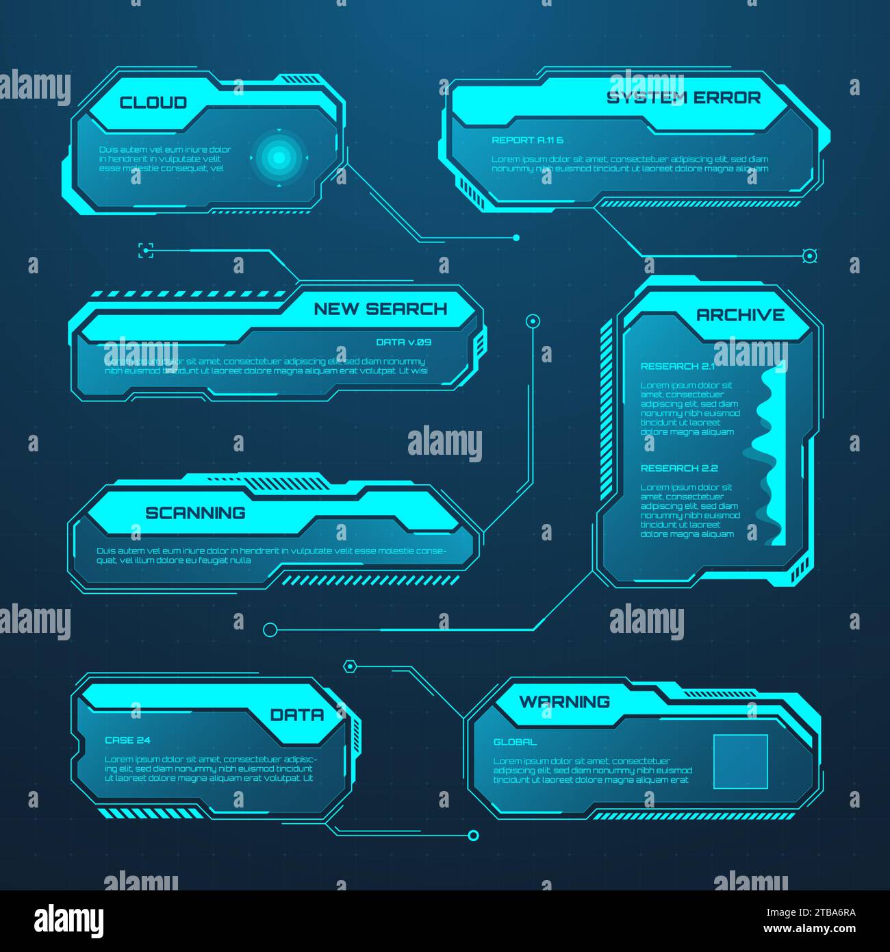 Blue futuristic HUD or UI elements. Sci-fi user interface text boxes ...