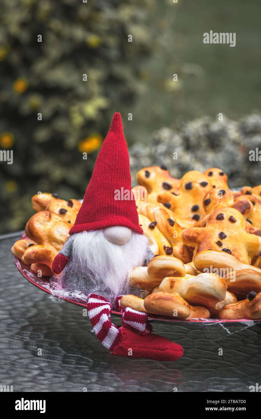 A Stutenkerl belongs to Saint Nicholas tradition in German-speaking countries. It is a pastry made of Stuten, sweet leavened dough, in the form of a m Stock Photo