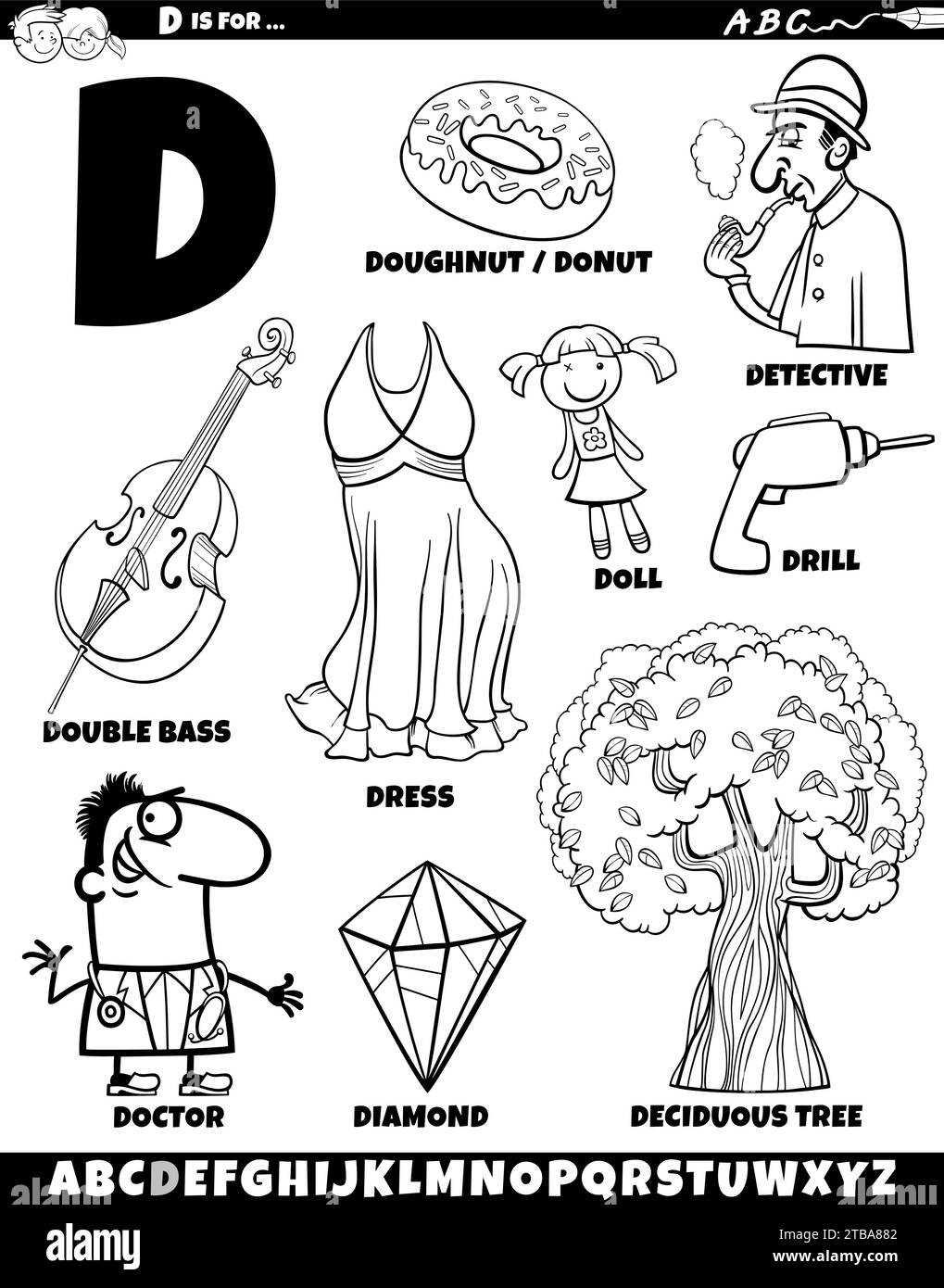 Cartoon illustration of objects and characters set for letter D coloring page Stock Vector