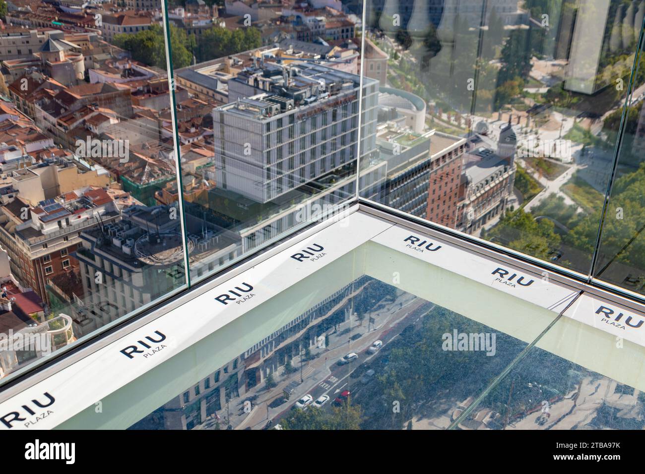 High angle view of glass floor balcony at the Riu Hotel in Madrid Stock Photo