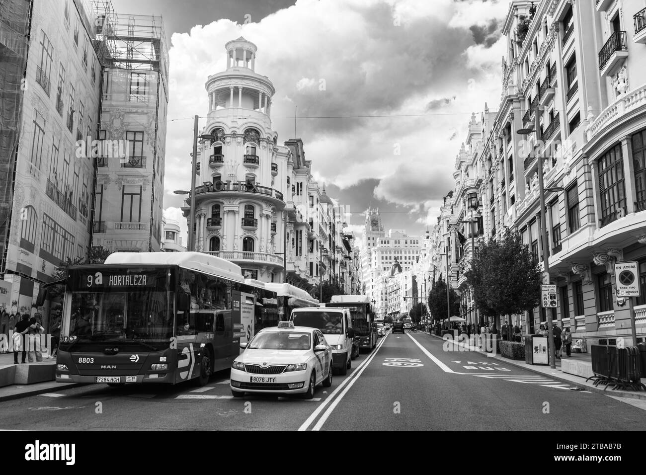 Traffic on the Gran Via avenue in Madrid, Spain Stock Photo