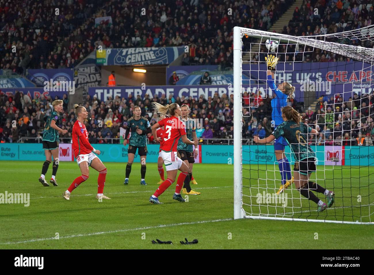 Swansea, Wales. UK. 05th Dec, 2023. Goal keeper Merle Frohms saves a shot  during Wales' draw with Germany in Swansea, Dec 5th 2023.  Credit Alamy Lve News / Penallta Photographics Credit: Penallta Photographics/Alamy Live News Stock Photo