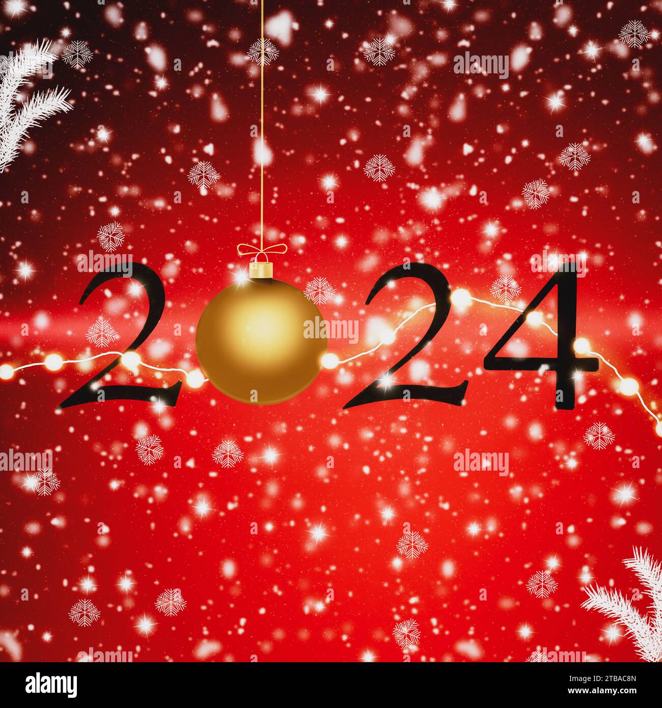 New Year's 2024 red snowy Christmas winter background with falling snow and gold ornament hanging from top. Stock Photo
