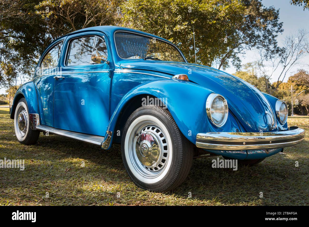 Vehicle Volkswagen Beetle Fusca model 1300 on display at the monthly meeting of vintage cars in the city of Londrina, Brazil. Stock Photo